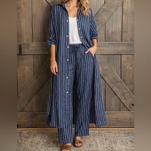 Puro Lino Made in Italy Pinstripe Maxi Dress and Drawstring Pants Set